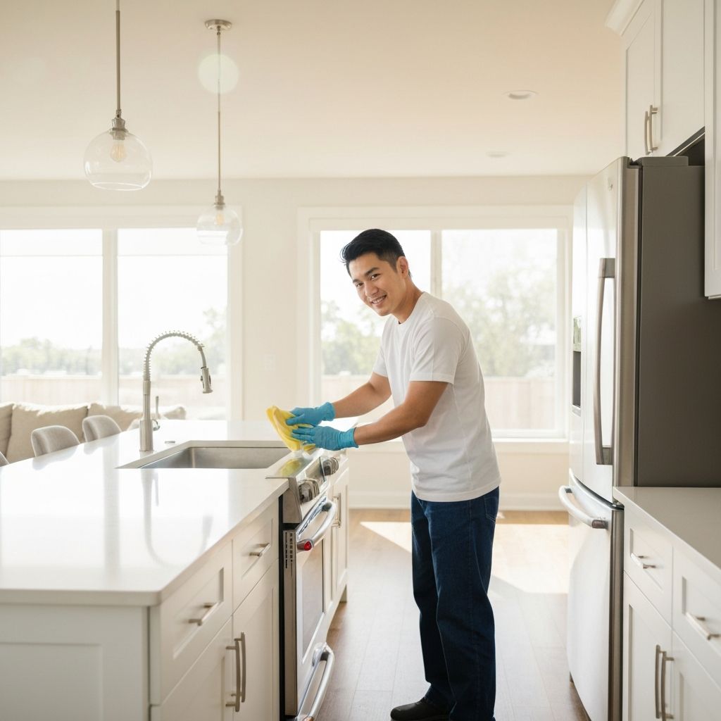 Professional cleaner working in a bright, modern home